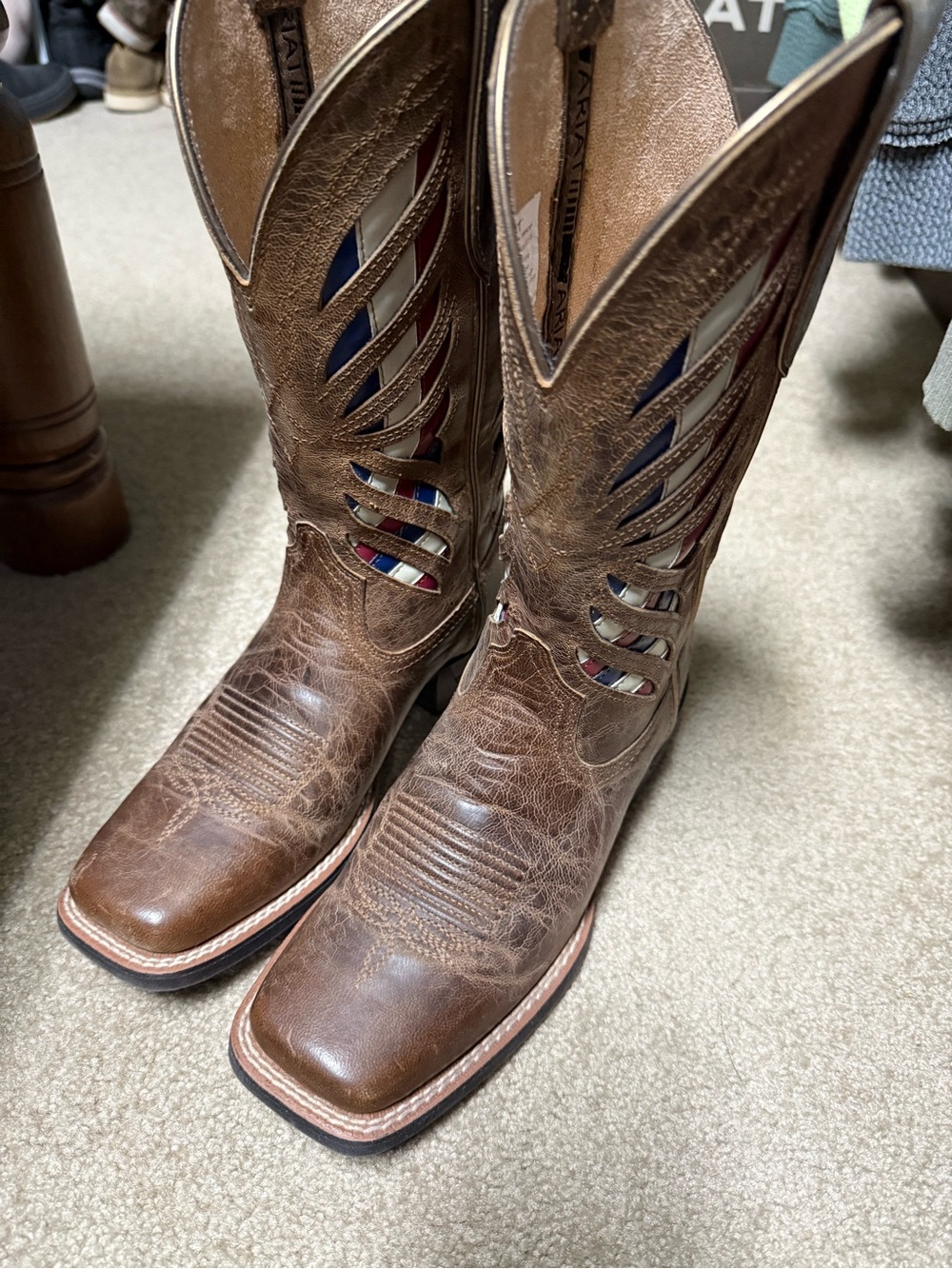 Ariat Brown Leather Western Boots with Red, White & Blue Insets